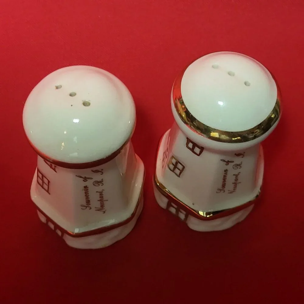 Vintage Lighthouse Salt and Pepper Shaker Gold Trim Set of 2